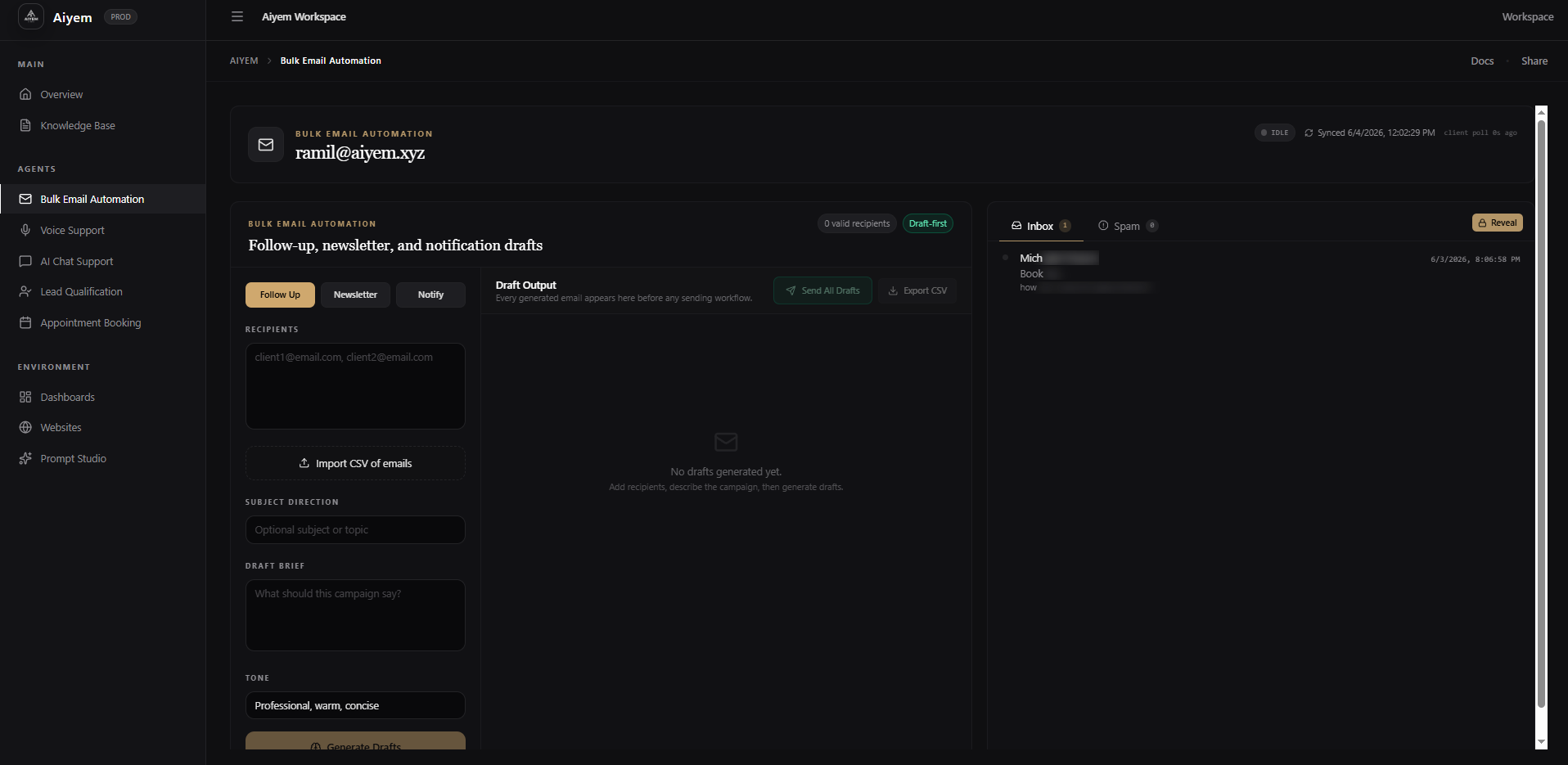 Aiyem bulk email automation screen