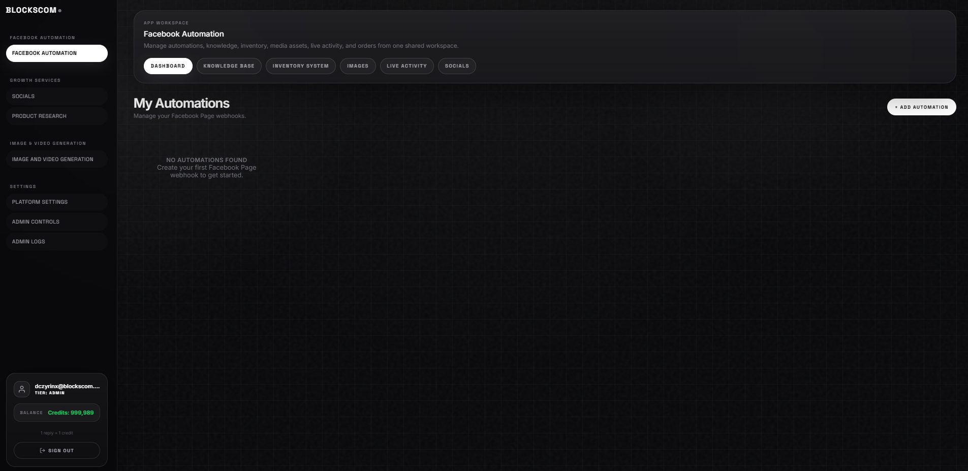 Blockscom Facebook automation dashboard screen